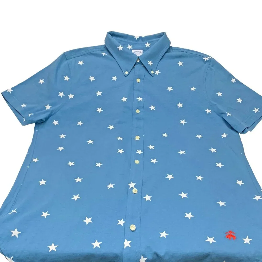 Brooks‎ Brothers Blue Printed White Star Button Down Short Sleeve Shirt
